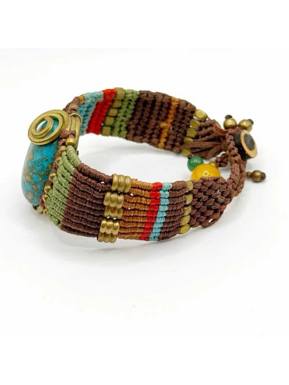 Vintage Macrame Braided Bracelet Hand Made Brass Beads Turquoise Stone FLAW
